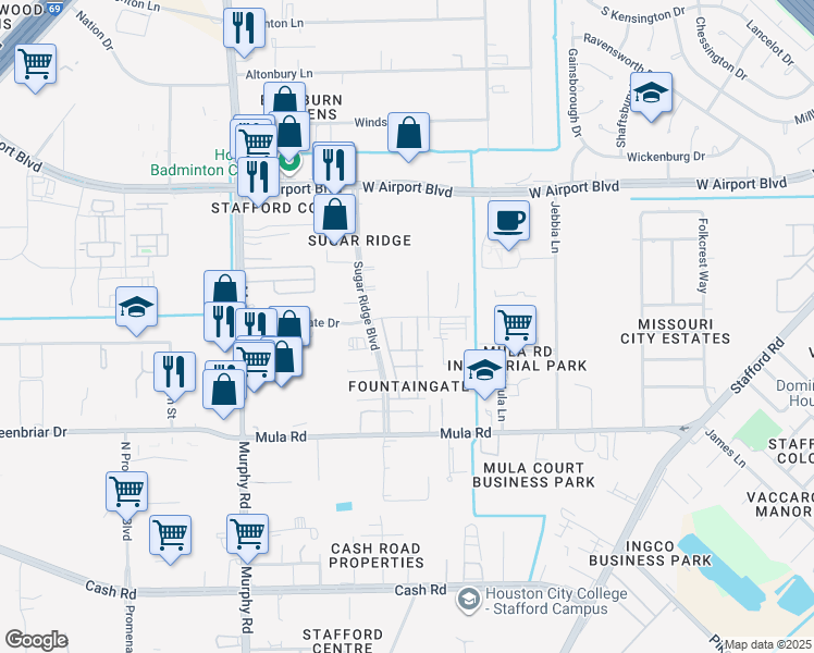 map of restaurants, bars, coffee shops, grocery stores, and more near 12903 Sugar Ridge Boulevard in Stafford
