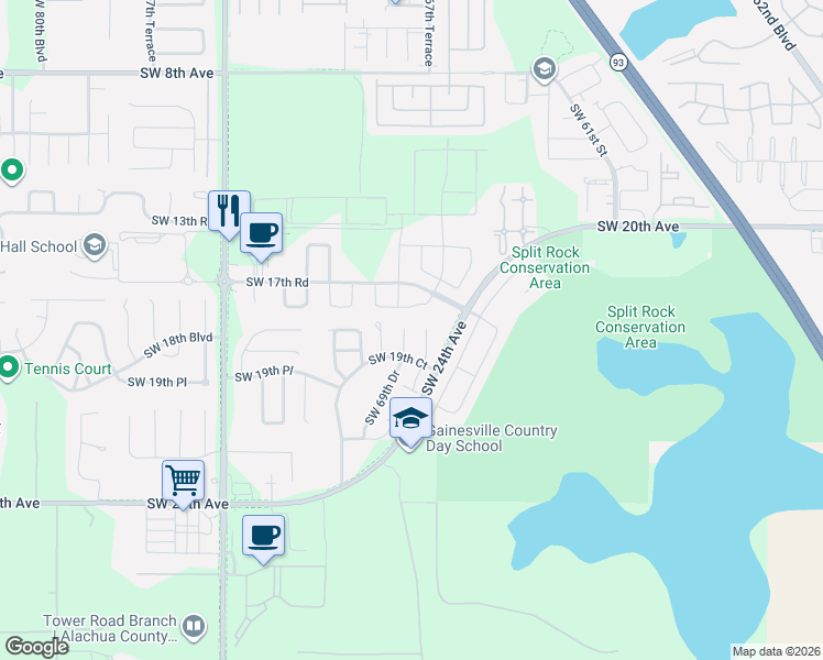 map of restaurants, bars, coffee shops, grocery stores, and more near 1712 Southwest 67th Terrace in Gainesville