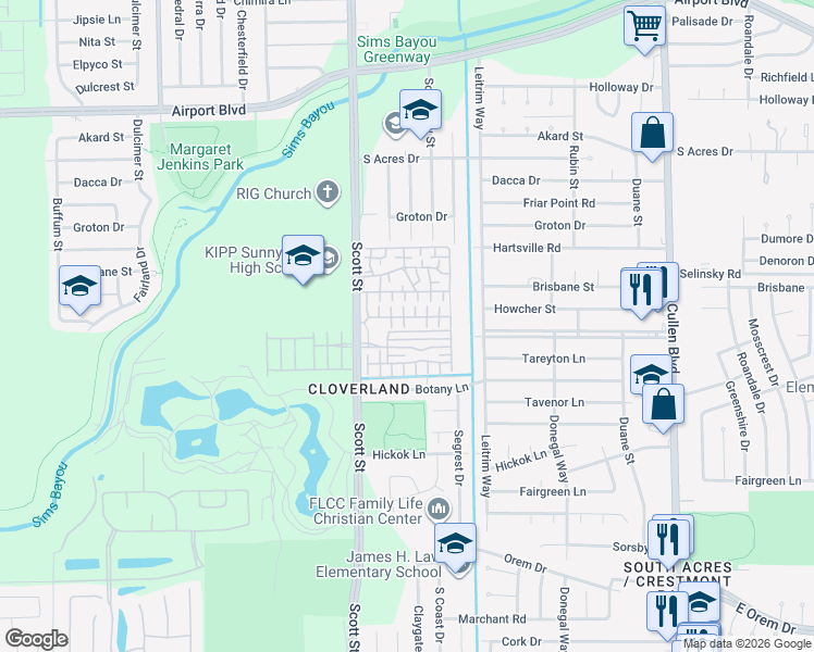map of restaurants, bars, coffee shops, grocery stores, and more near 3739 Curvey Lane in Houston