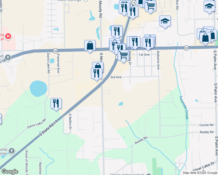 map of restaurants, bars, coffee shops, grocery stores, and more near 903 South Moody Road in Palatka