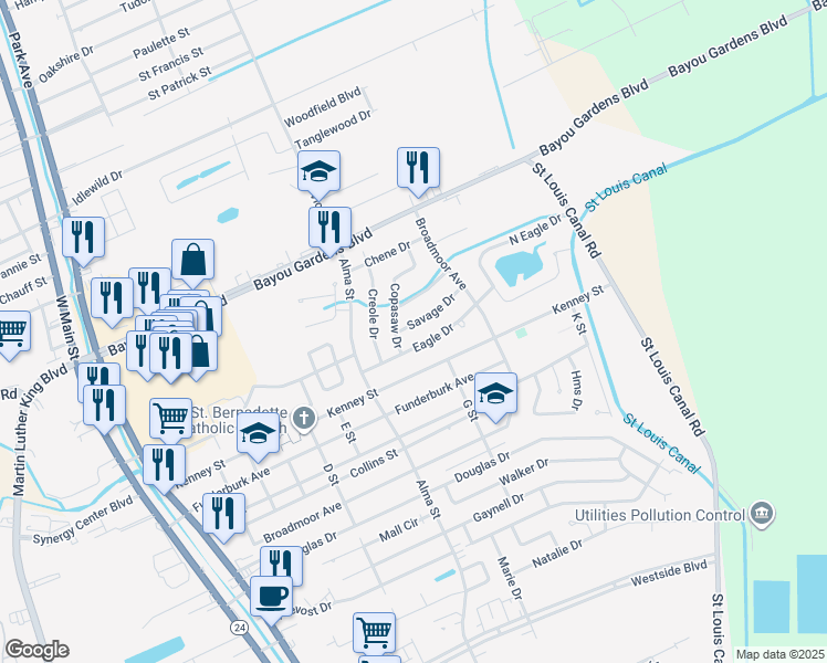 map of restaurants, bars, coffee shops, grocery stores, and more near 904 Savage Drive in Houma