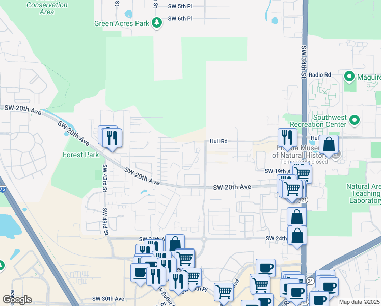 map of restaurants, bars, coffee shops, grocery stores, and more near 1634 Southwest 38th Terrace in Gainesville