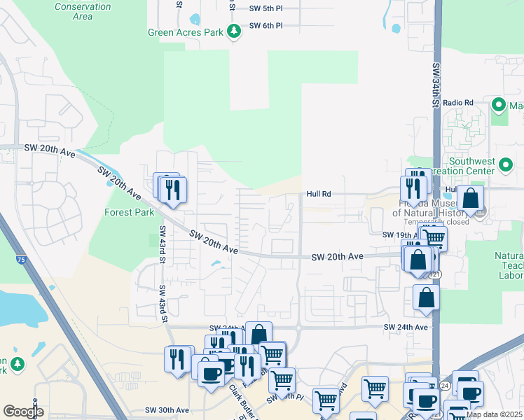 map of restaurants, bars, coffee shops, grocery stores, and more near 3924 Southwest 17 Lane in Gainesville