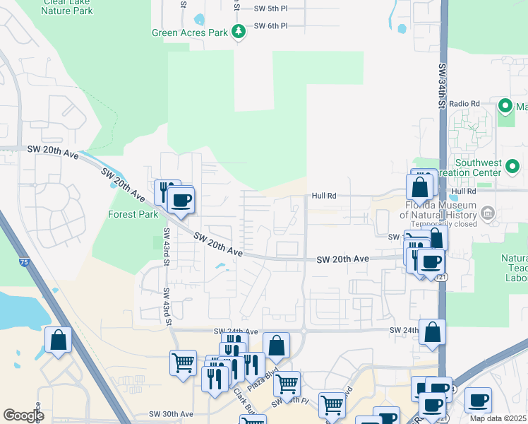 map of restaurants, bars, coffee shops, grocery stores, and more near 3924 Southwest 17 Lane in Gainesville