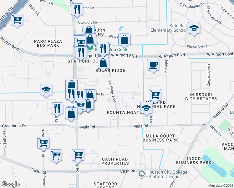 map of restaurants, bars, coffee shops, grocery stores, and more near 12903 Sugar Ridge Boulevard in Stafford