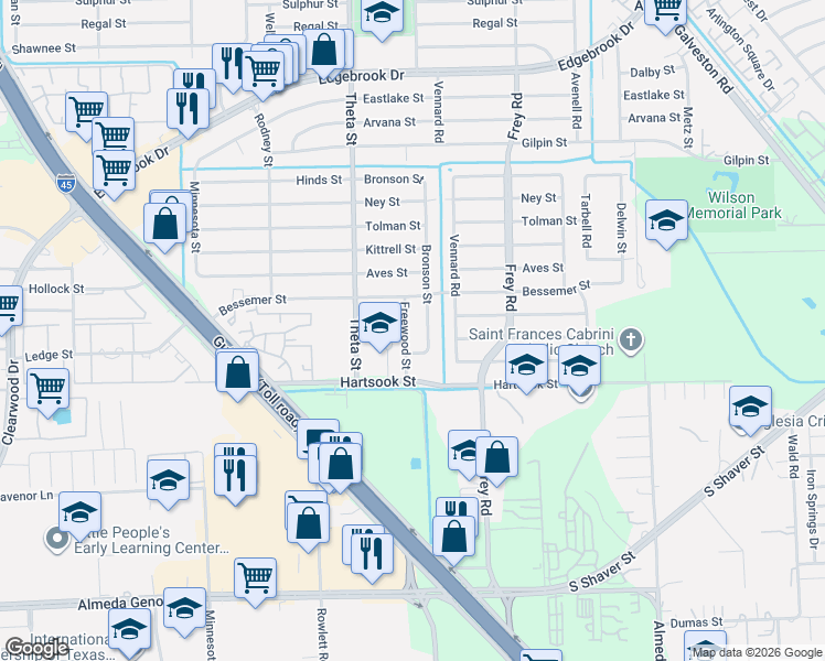 map of restaurants, bars, coffee shops, grocery stores, and more near 8515 Freewood Street in Houston