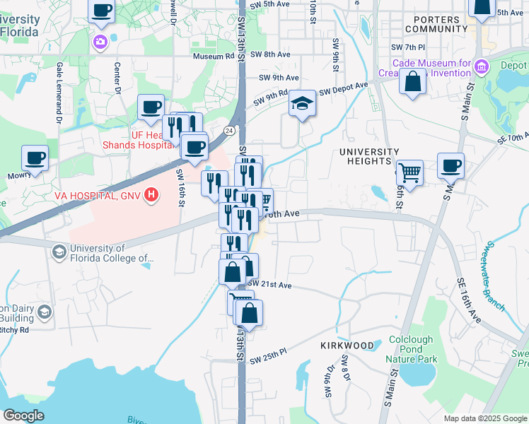 map of restaurants, bars, coffee shops, grocery stores, and more near 1210 Southwest 16th Avenue in Gainesville
