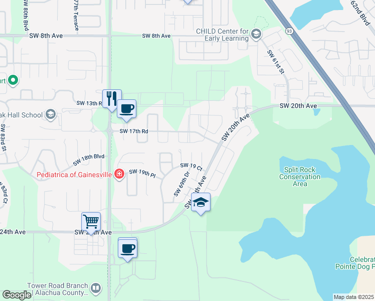 map of restaurants, bars, coffee shops, grocery stores, and more near 1717 Southwest 69th Terrace in Gainesville