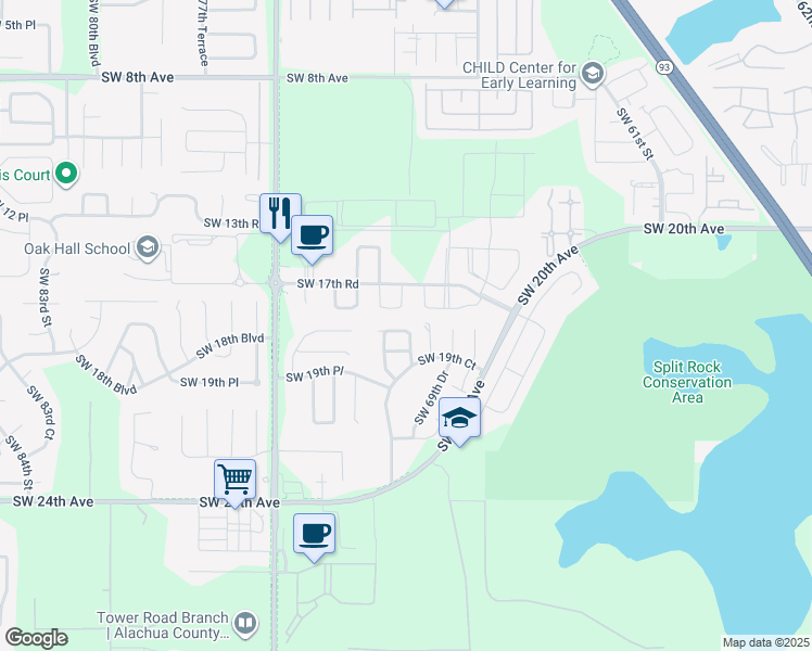 map of restaurants, bars, coffee shops, grocery stores, and more near 1727 Southwest 70th Circle in Gainesville