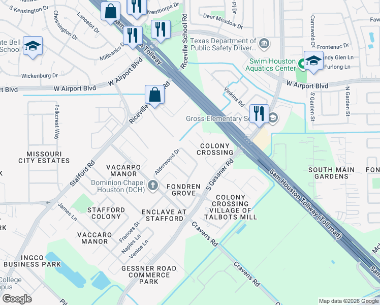 map of restaurants, bars, coffee shops, grocery stores, and more near 16514 Lacey Lane in Missouri City