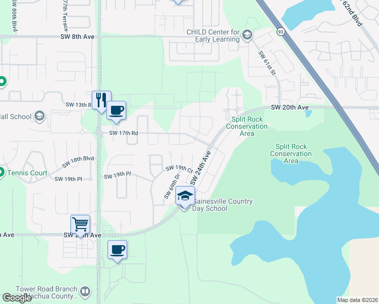map of restaurants, bars, coffee shops, grocery stores, and more near 1712 Southwest 67th Terrace in Gainesville