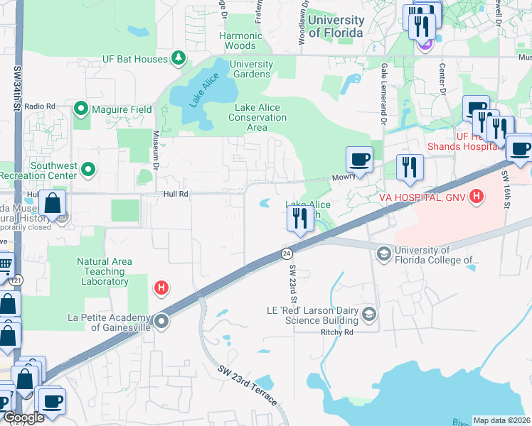 map of restaurants, bars, coffee shops, grocery stores, and more near 2360 Southwest Archer Road in Gainesville