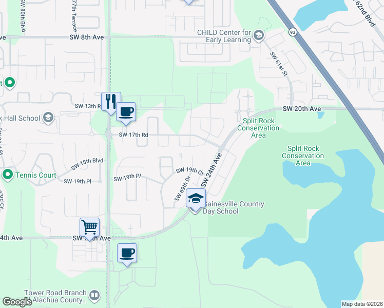 map of restaurants, bars, coffee shops, grocery stores, and more near 1717 Southwest 69th Terrace in Gainesville