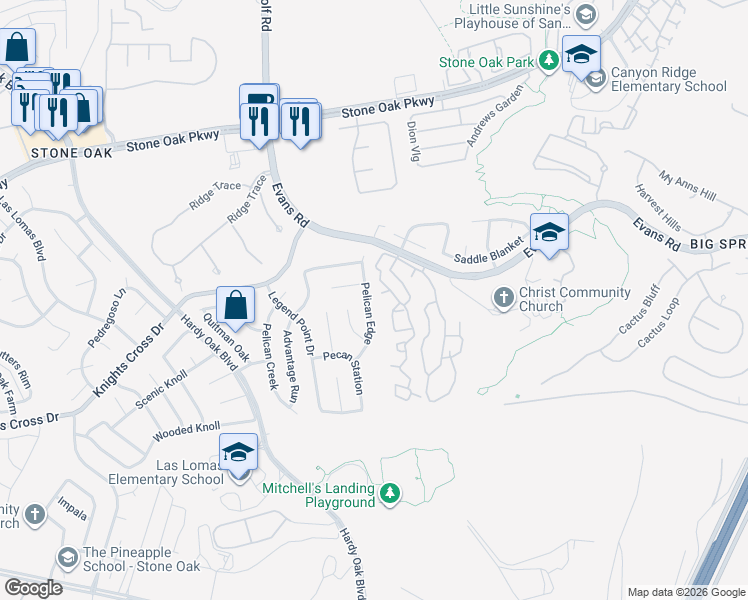 map of restaurants, bars, coffee shops, grocery stores, and more near 22114 Pelican Edge in San Antonio