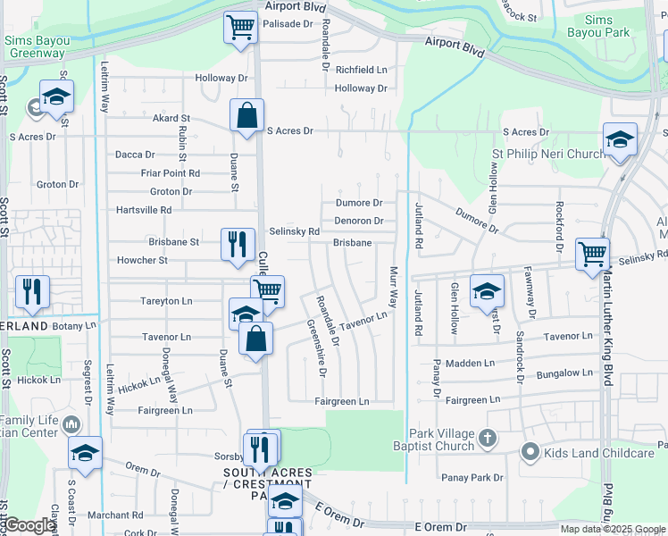 map of restaurants, bars, coffee shops, grocery stores, and more near 11318 Bay Cedar Drive in Houston