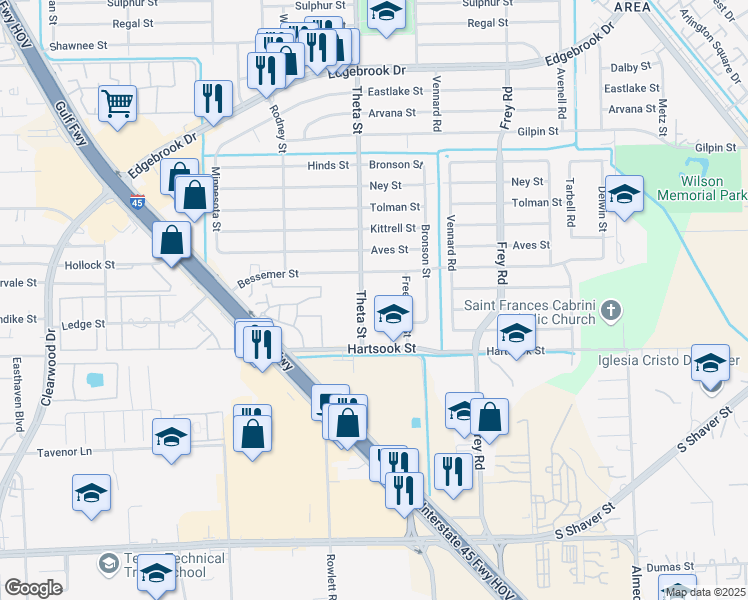 map of restaurants, bars, coffee shops, grocery stores, and more near 8611 Theta Street in Houston