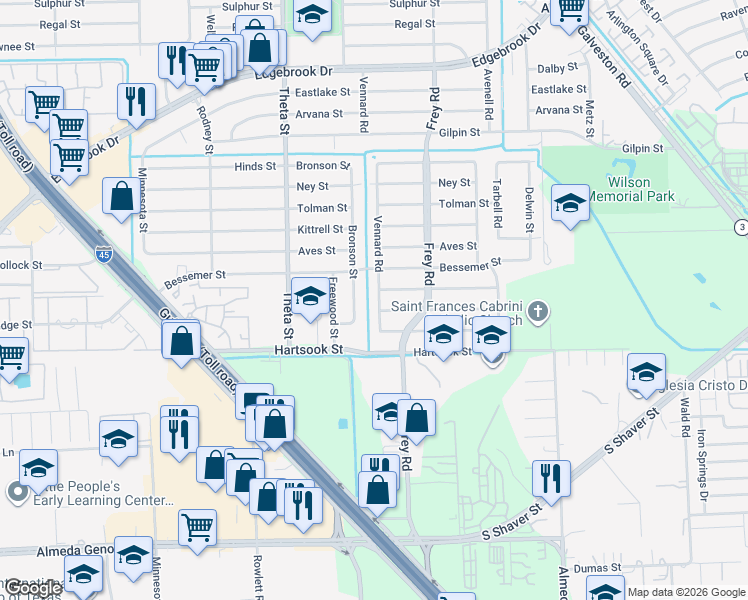 map of restaurants, bars, coffee shops, grocery stores, and more near 8518 Vennard Road in Houston