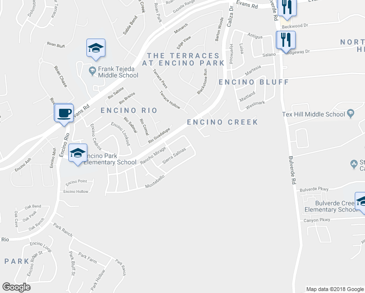 map of restaurants, bars, coffee shops, grocery stores, and more near 2827 Sierra Salinas in San Antonio
