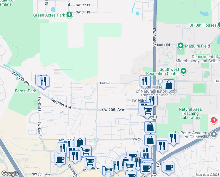 map of restaurants, bars, coffee shops, grocery stores, and more near Southwest 17th Avenue in Alachua County