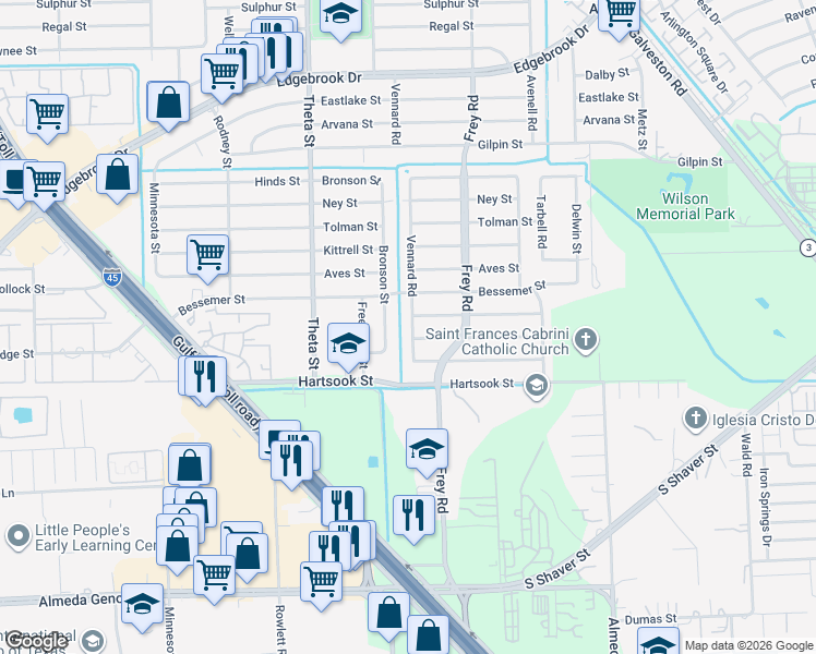 map of restaurants, bars, coffee shops, grocery stores, and more near 8518 Vennard Road in Houston