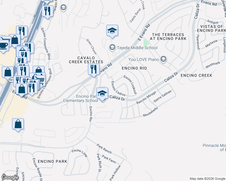 map of restaurants, bars, coffee shops, grocery stores, and more near 2906 Encino Woods in San Antonio
