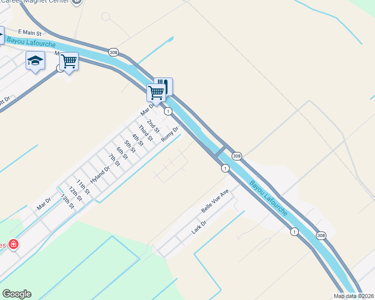 map of restaurants, bars, coffee shops, grocery stores, and more near 7216 Louisiana 1 in Lockport