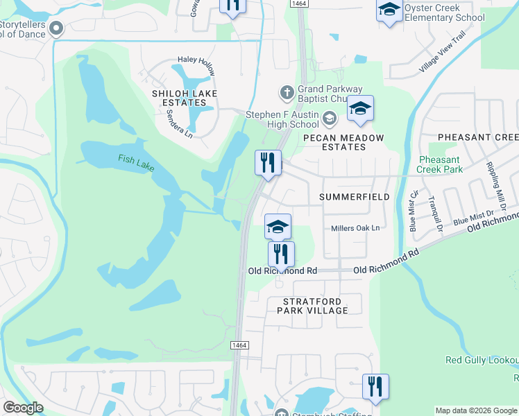 map of restaurants, bars, coffee shops, grocery stores, and more near 17110 Fairway Glen Court in Sugar Land