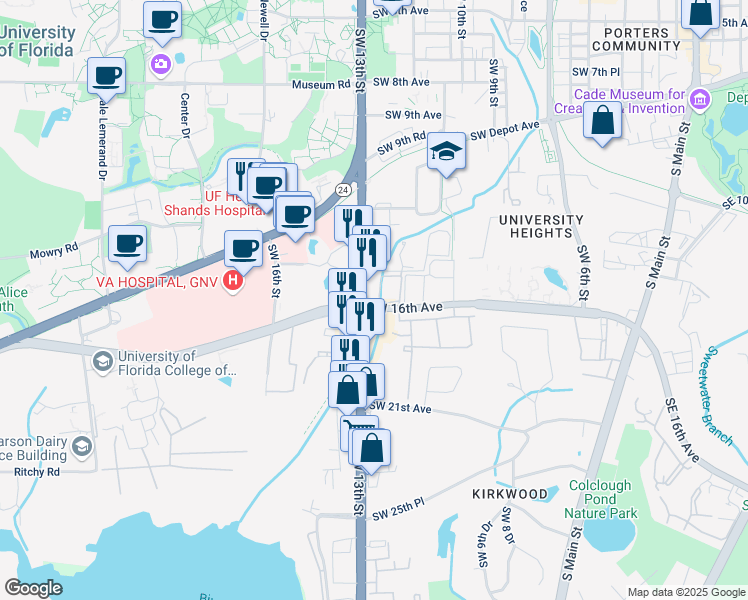 map of restaurants, bars, coffee shops, grocery stores, and more near 1470-1518 Southwest 13th Street in Gainesville