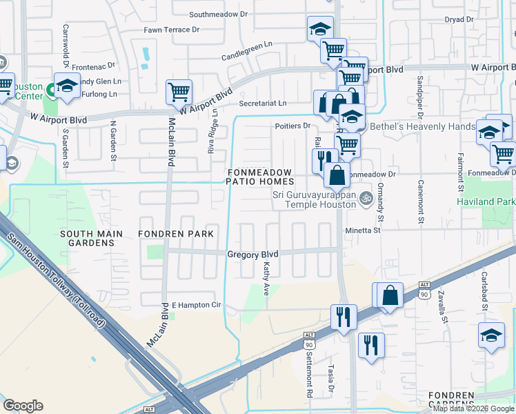 map of restaurants, bars, coffee shops, grocery stores, and more near 7818 Royan Drive in Houston