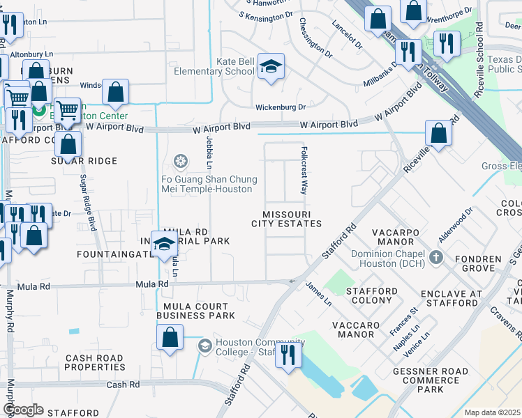 map of restaurants, bars, coffee shops, grocery stores, and more near 12806 Flaxseed Way in Stafford