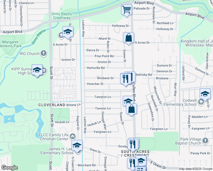 map of restaurants, bars, coffee shops, grocery stores, and more near 4239 Howcher Street in Houston