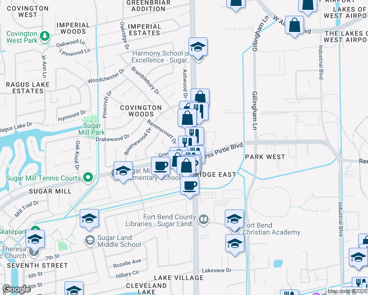 map of restaurants, bars, coffee shops, grocery stores, and more near 1106 Beecroft Drive in Sugar Land