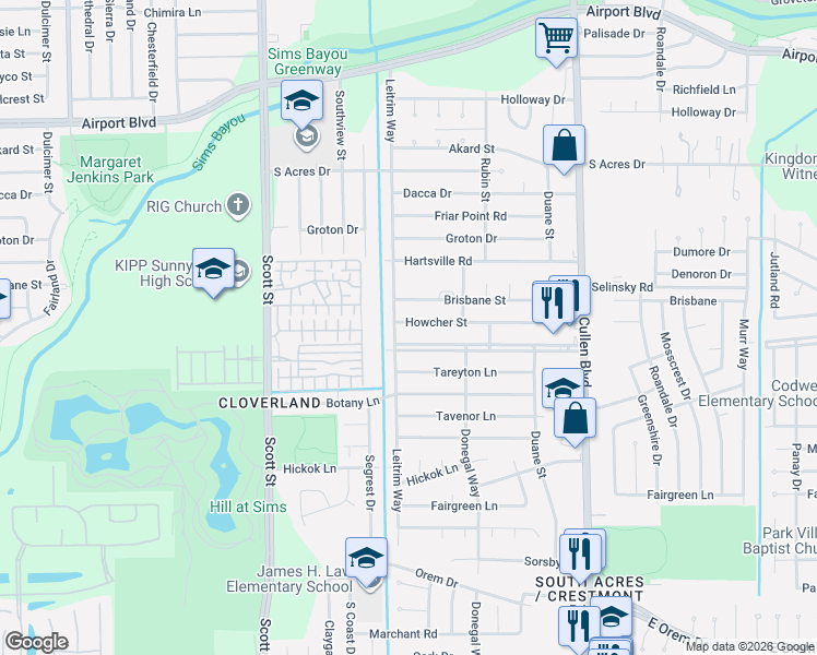 map of restaurants, bars, coffee shops, grocery stores, and more near 4115 Howcher Street in Houston