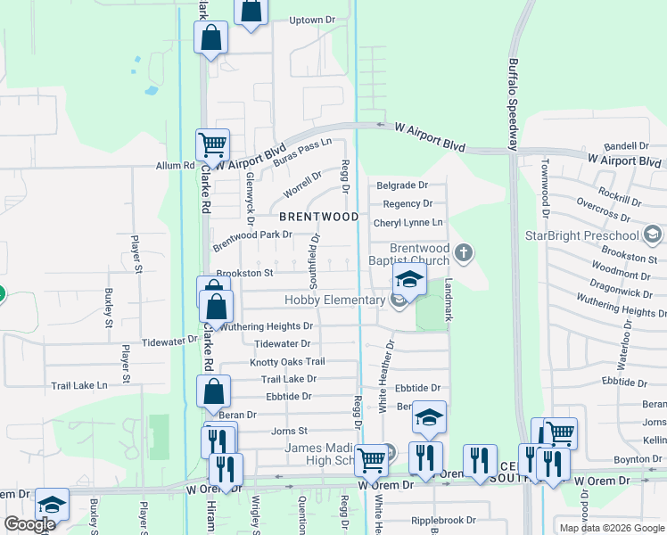 map of restaurants, bars, coffee shops, grocery stores, and more near 4142 Brookston Street in Houston