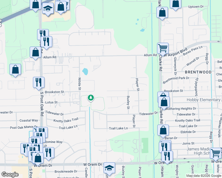 map of restaurants, bars, coffee shops, grocery stores, and more near 4826 Brookston Street in Houston
