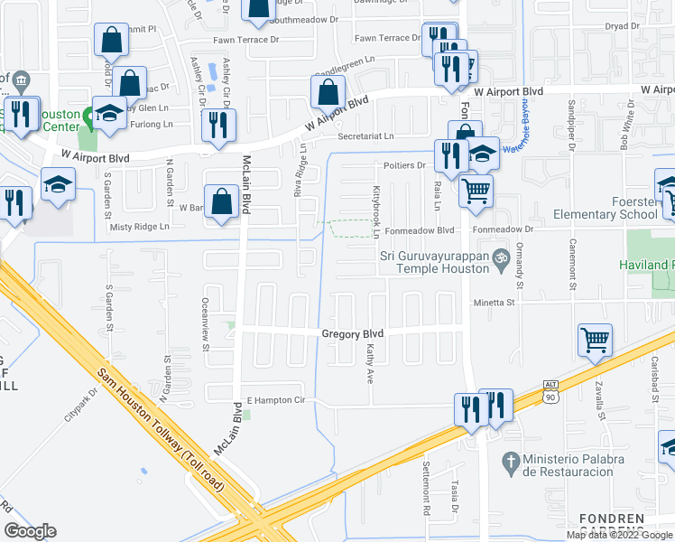 map of restaurants, bars, coffee shops, grocery stores, and more near 7835 Chinon Circle in Houston
