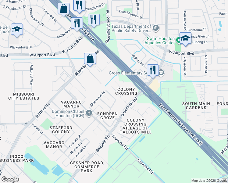 map of restaurants, bars, coffee shops, grocery stores, and more near 16515 Lacey Lane in Missouri City
