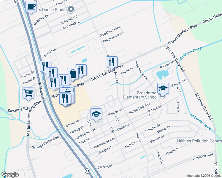 map of restaurants, bars, coffee shops, grocery stores, and more near Cambridge Circle in Houma
