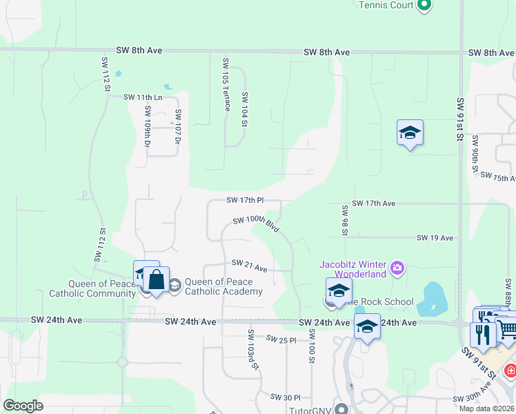 map of restaurants, bars, coffee shops, grocery stores, and more near 10317 Southwest 17th Place in Gainesville