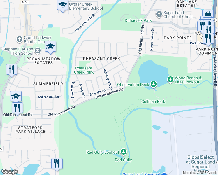 map of restaurants, bars, coffee shops, grocery stores, and more near 2702 Blue Mist Drive in Sugar Land