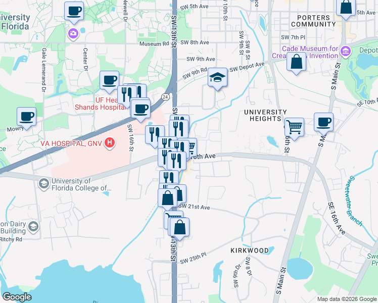 map of restaurants, bars, coffee shops, grocery stores, and more near 1210 Southwest 16th Avenue in Gainesville