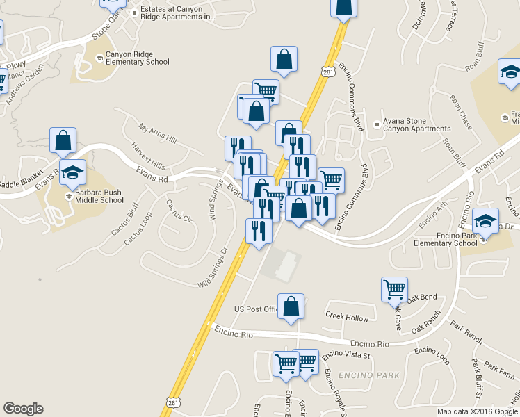 map of restaurants, bars, coffee shops, grocery stores, and more near U.S. 281 & Evans Road in San Antonio