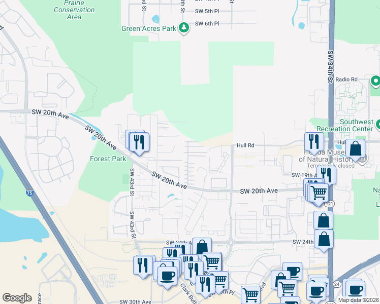 map of restaurants, bars, coffee shops, grocery stores, and more near 4022 Southwest 17 Lane in Gainesville