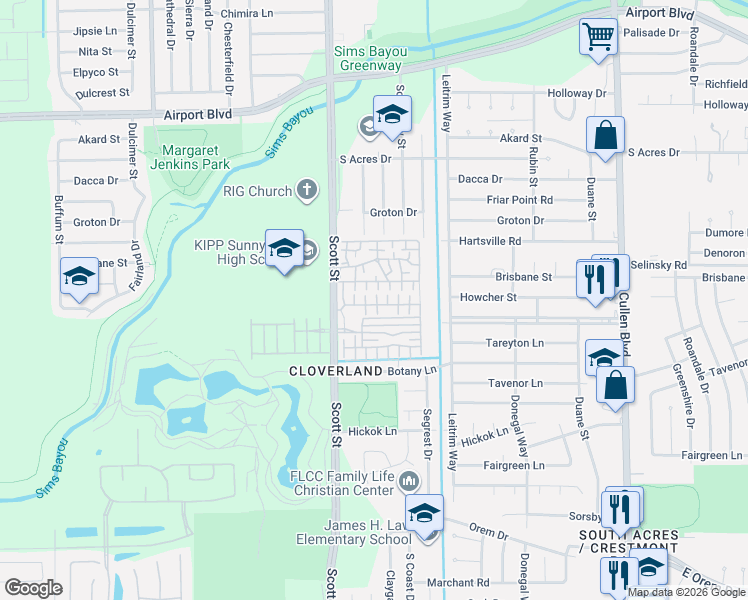 map of restaurants, bars, coffee shops, grocery stores, and more near 3739 Curvey Lane in Houston