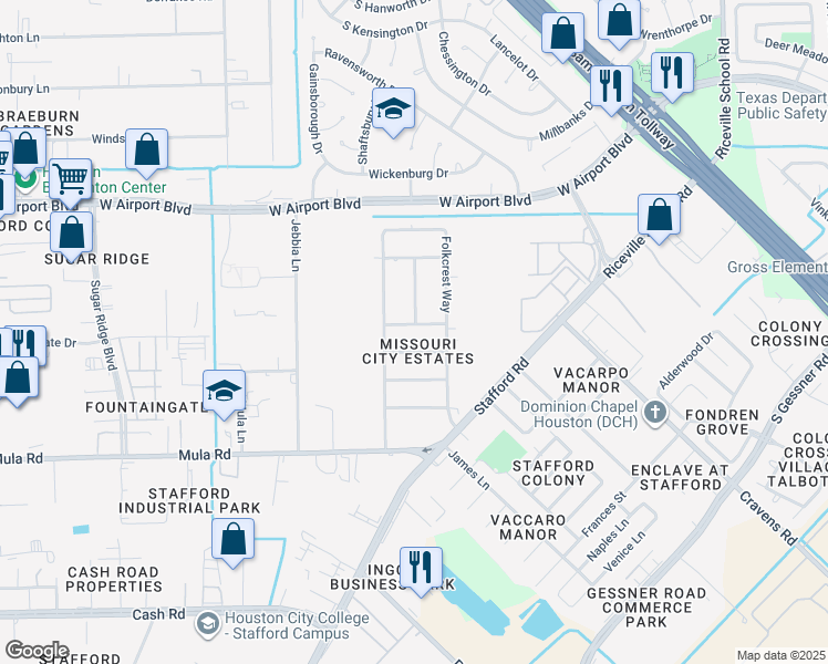 map of restaurants, bars, coffee shops, grocery stores, and more near 9731 Youngcrest Drive in Stafford