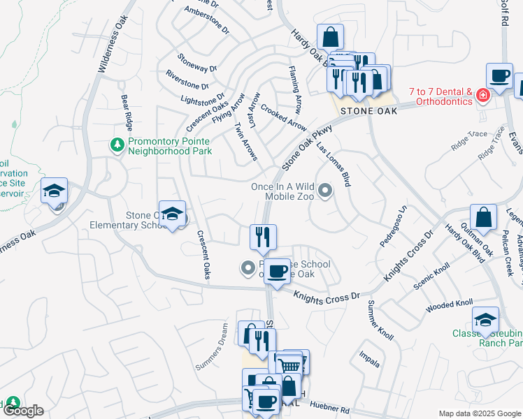 map of restaurants, bars, coffee shops, grocery stores, and more near 24626 Arrow Canyon in San Antonio