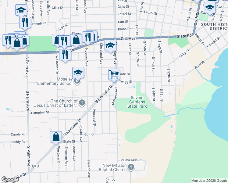 map of restaurants, bars, coffee shops, grocery stores, and more near 1322 Moseley Avenue in Palatka