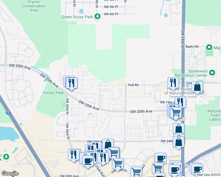 map of restaurants, bars, coffee shops, grocery stores, and more near 3924 Southwest 17 Lane in Gainesville