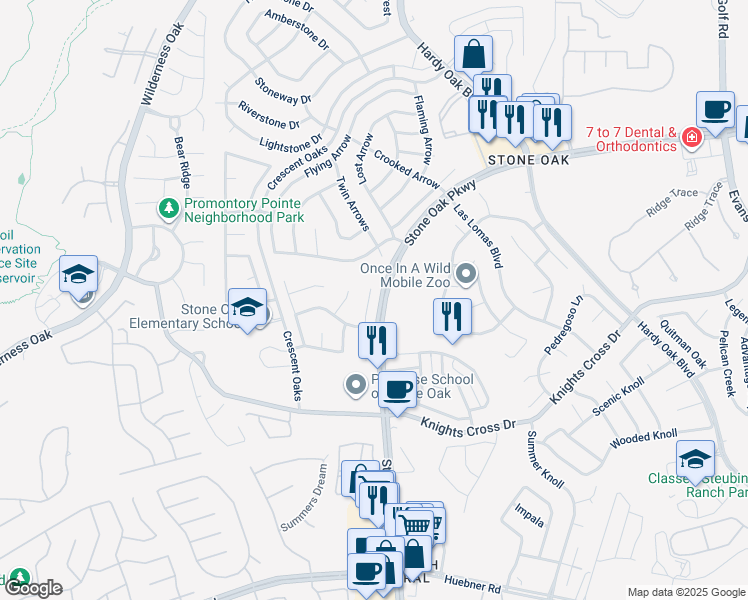 map of restaurants, bars, coffee shops, grocery stores, and more near 24626 Arrow Canyon in San Antonio