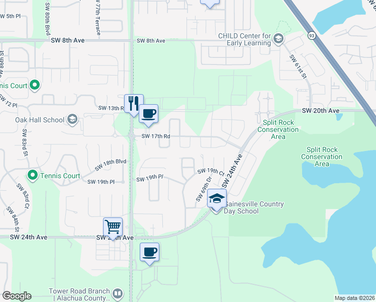 map of restaurants, bars, coffee shops, grocery stores, and more near 1727 Southwest 70th Circle in Gainesville